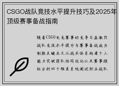 CSGO战队竞技水平提升技巧及2025年顶级赛事备战指南